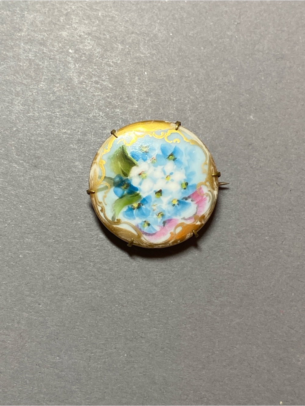 Antique vintage hand painted gilded porcelain blue flower pin brooch